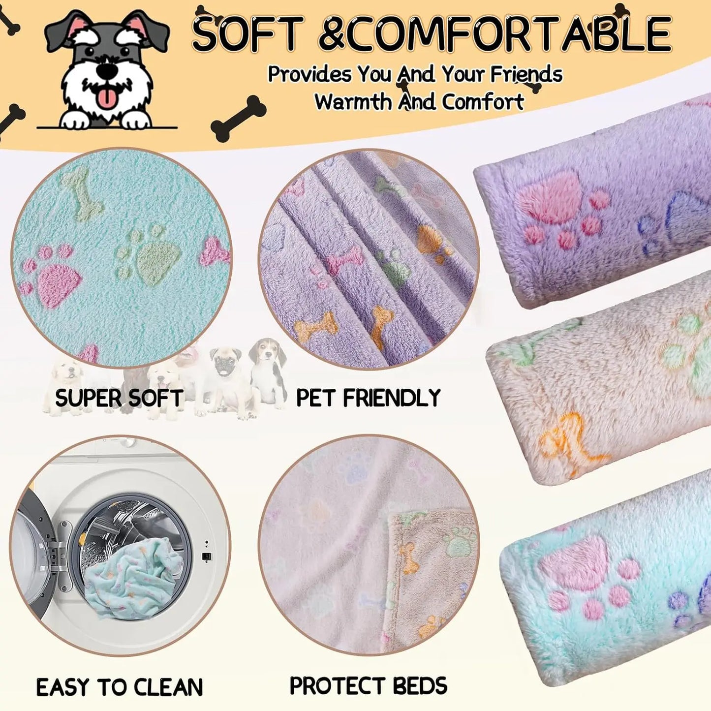 3 Pack Super Soft Fluffy Pet Blankets for Dogs and Cats, Paw Print Design, 23x16inch, Purple/Green/Brown