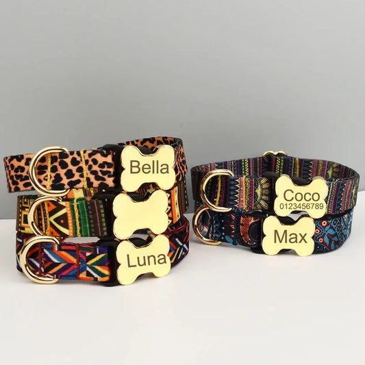Custom Engraved Ethnic Style Dog Collar with Nameplate for Small Medium Large Dogs Pet Supplies with Matching Leash