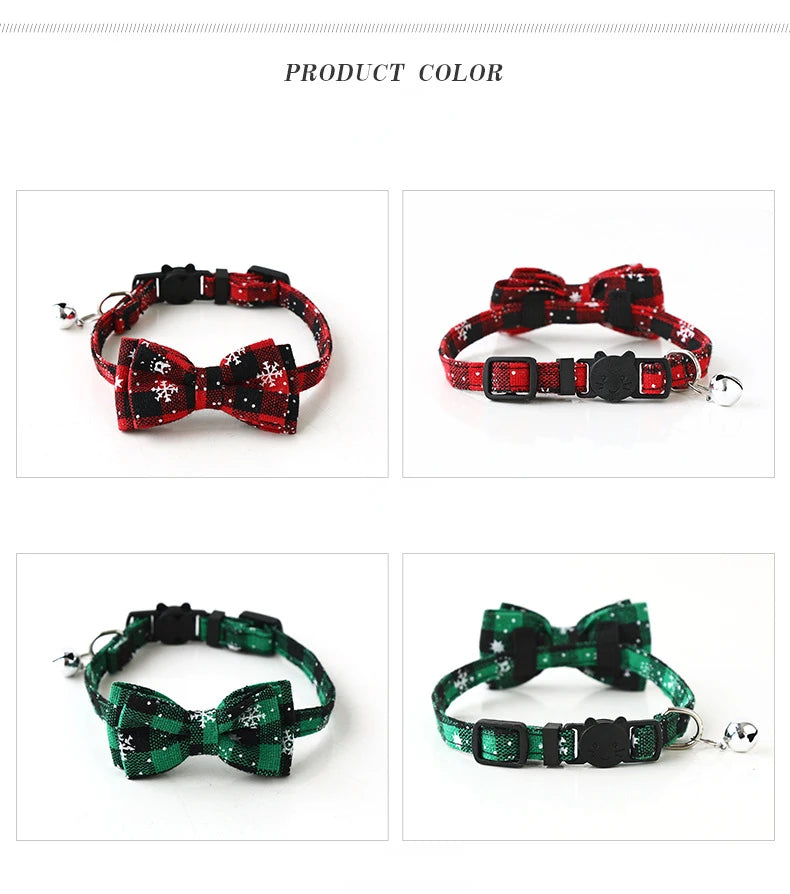 Christmas Bowknot Cat Small Dog Collar with Bell Plaid Snowflake Adjustable Breakaway Pet Puppy Kitten Buckle Necklace