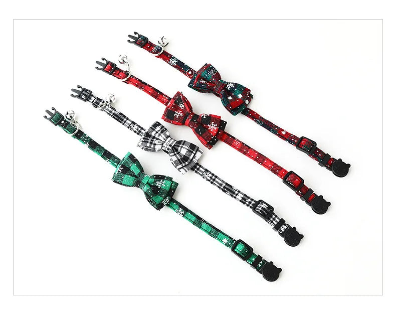 Christmas Bowknot Cat Small Dog Collar with Bell Plaid Snowflake Adjustable Breakaway Pet Puppy Kitten Buckle Necklace