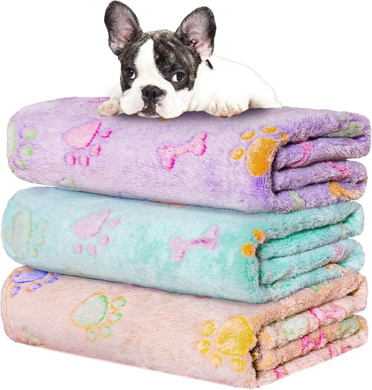 3 Pack Super Soft Fluffy Pet Blankets for Dogs and Cats, Paw Print Design, 23x16inch, Purple/Green/Brown