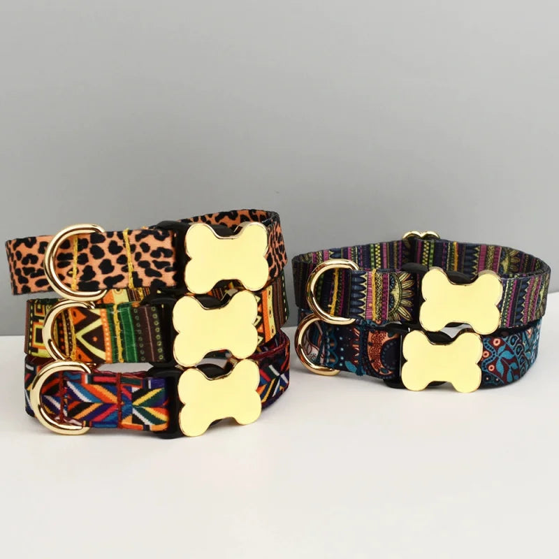 Custom Engraved Ethnic Style Dog Collar with Nameplate for Small Medium Large Dogs Pet Supplies with Matching Leash
