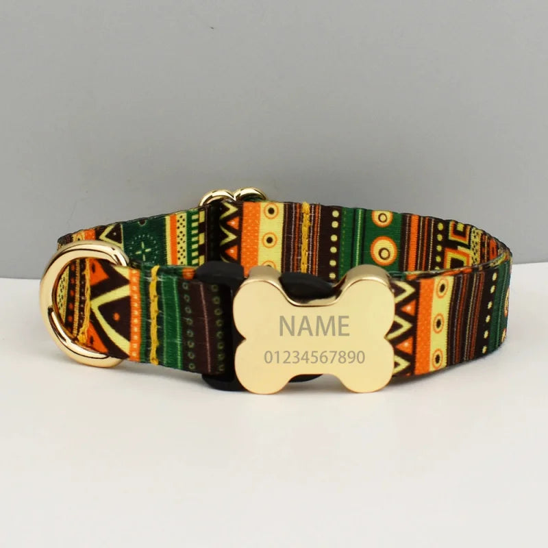 Custom Engraved Ethnic Style Dog Collar with Nameplate for Small Medium Large Dogs Pet Supplies with Matching Leash