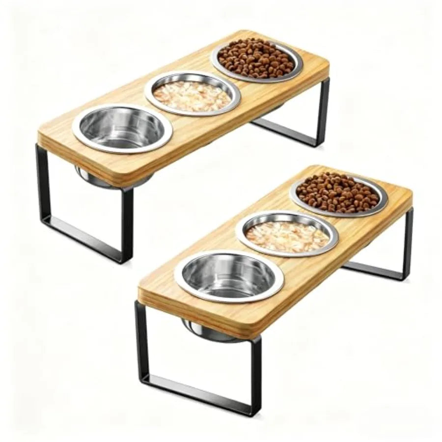 2 Pack Elevated Cat Bowls with 3 Stainless Steel Bowls 10° Tilted Anti-Vomiting Raised Cat Food Bowl for Small Cats and Puppies