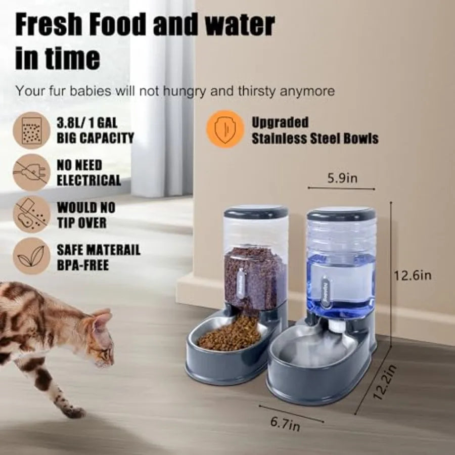 Stainless Steel Automatic Pet Feeder for SmallandMedium Pets Automatic Food Feeder and Waterer Stainless Steel Bowls Set 3.8 L